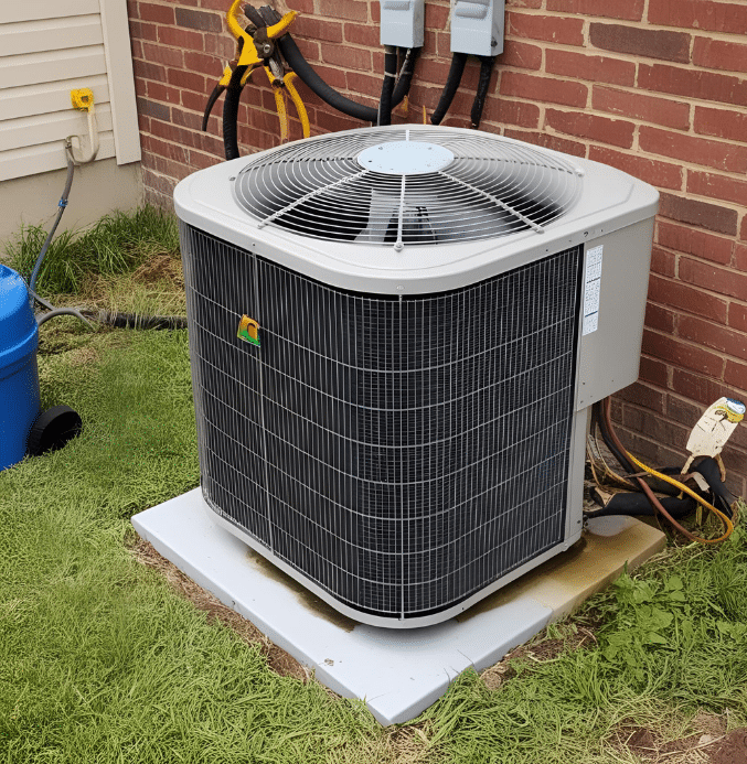 Outdoor residential air conditioning condenser unit installed next to a brick wall, part of a central HVAC system.