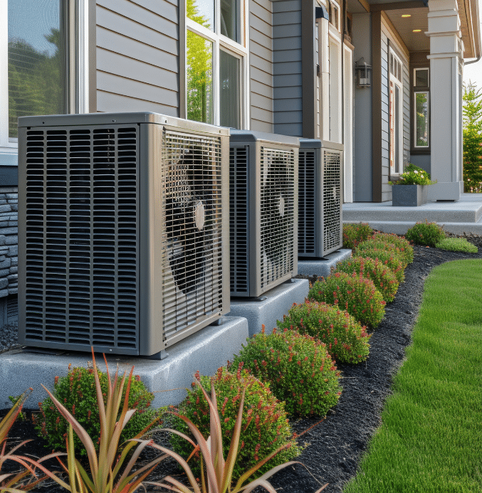 Row of residential outdoor air conditioning units installed along the side of a modern home, surrounded by landscaped bushes and fresh mulch.